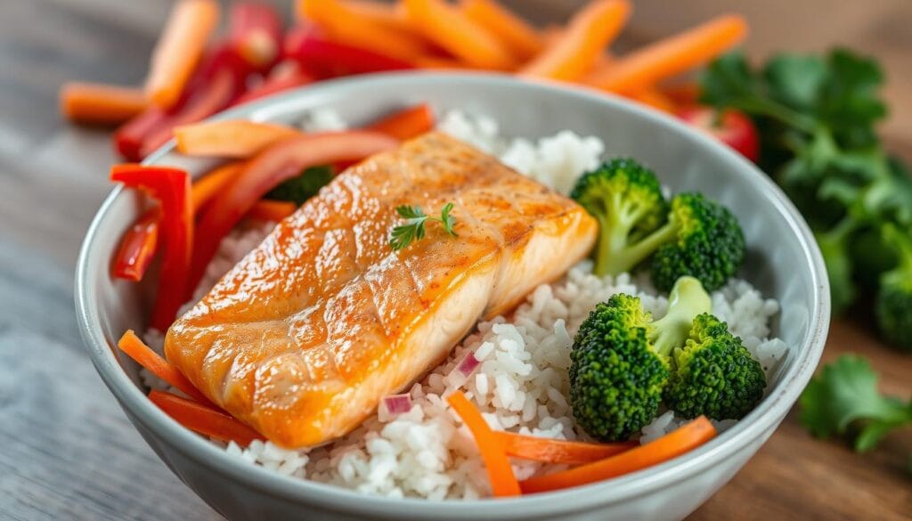Salmon and Rice Bowl with Fresh Vegetables